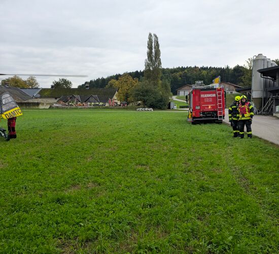Foto: Der Hubschrauber in der Wiese, im Hintergrund 2 Feuerwehrfahrzeuge vor den Stallungen