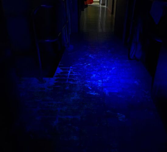 Am Boden des Gebäudes fluoresziert die durch Schuhe verteilte Übungschemikalie