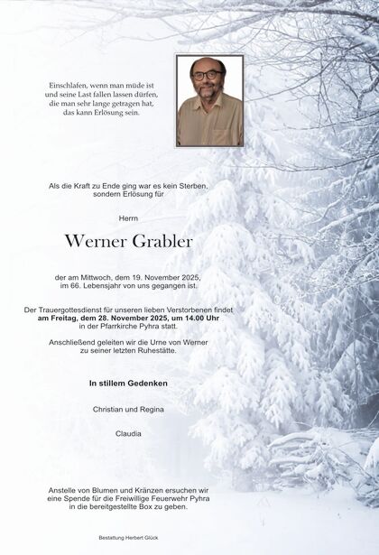 Ein Trauerbild für Werner Grabler mit einem Porträtfoto und einem verschneiten Wald im Hintergrund.