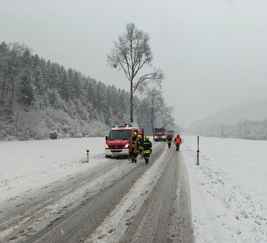 Feuerwehrleute arbeiten auf einer verschneiten Landstraße, während ein Feuerwehrauto am Straßenrand parkt.