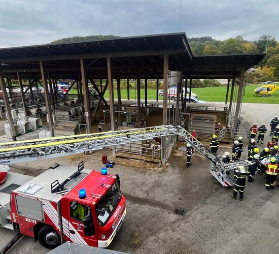 Blick vom Dach, während die Korbtrage von Rettungsdienst und Feuerwehr von der Drehleiter auf eine Rolltrage gelegt wird.