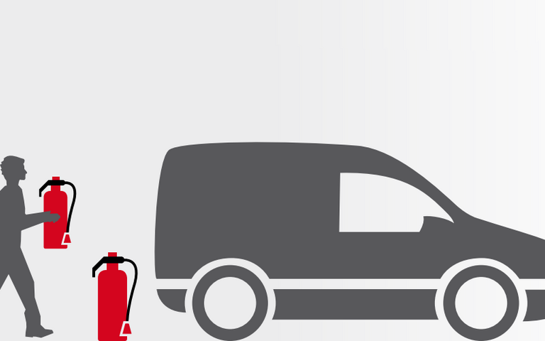 Zeichnung: Person bringt Feuerlöscher zum Auto / Transporter