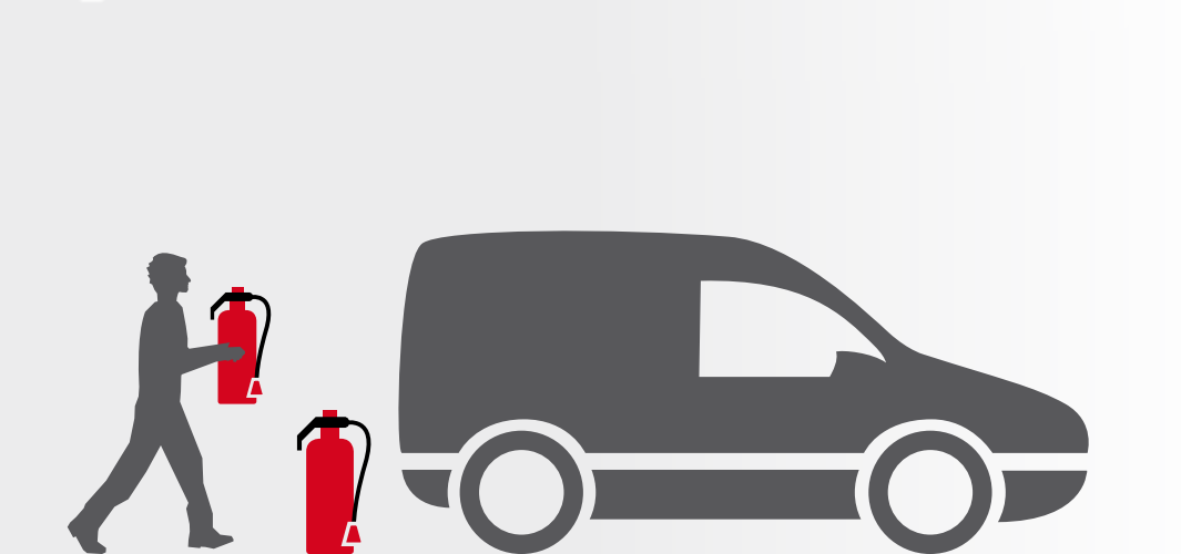 Zeichnung: Person bringt Feuerlöscher zum Auto / Transporter