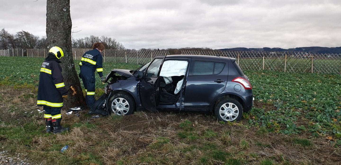 Foto: Der PKW vor einem Baum mit 2 Feuerwehrmännern