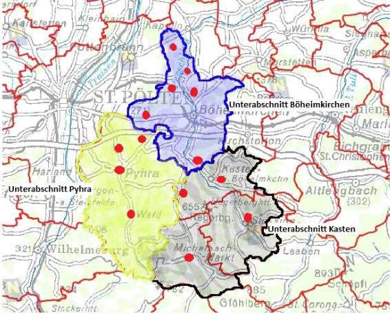Geographische Karte der Feuerwehren im Abschnitt St. Pölten Ost